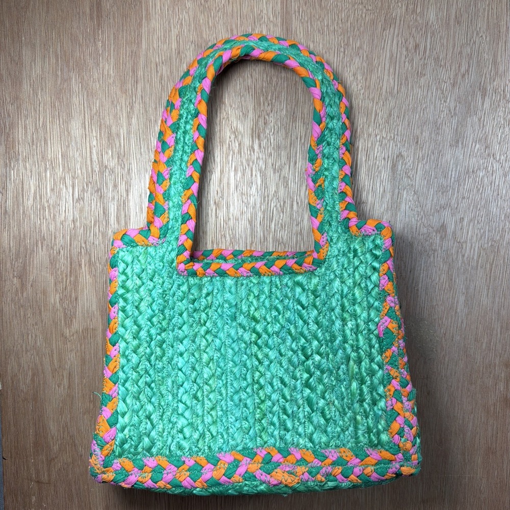 Shiraleah LIV Small Tote 100% Jute Green Pink